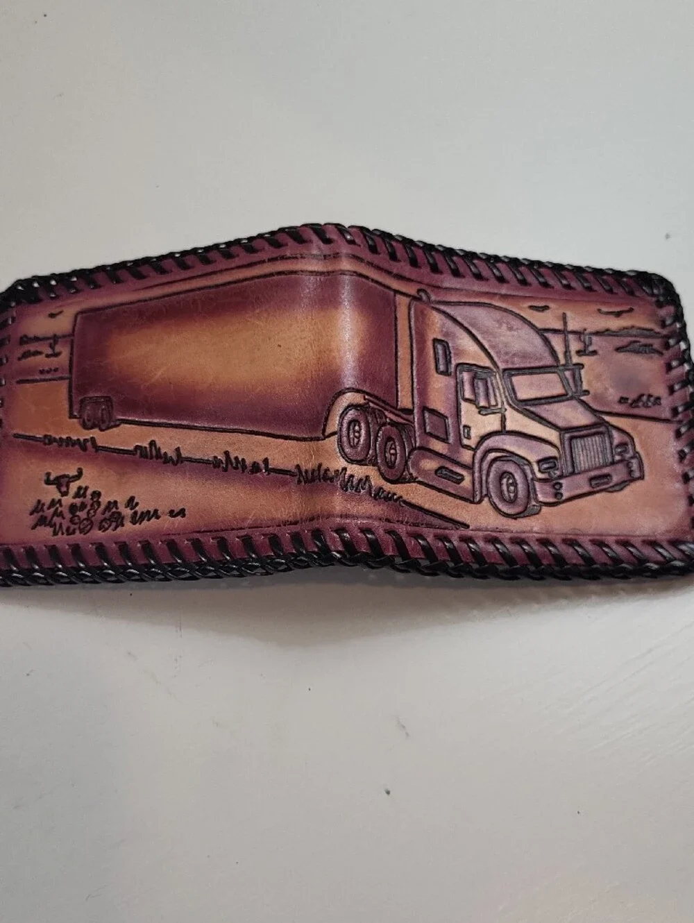 Hand-Tooled Trucker Leather Money Clip Wallet - Brown/Maroon